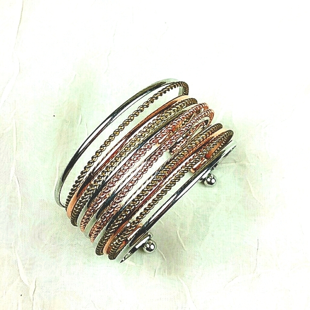 Tri-Tone Wire Cuff Bangle Bracelet Silver Gold Copper Twisted Metal Boho Chic